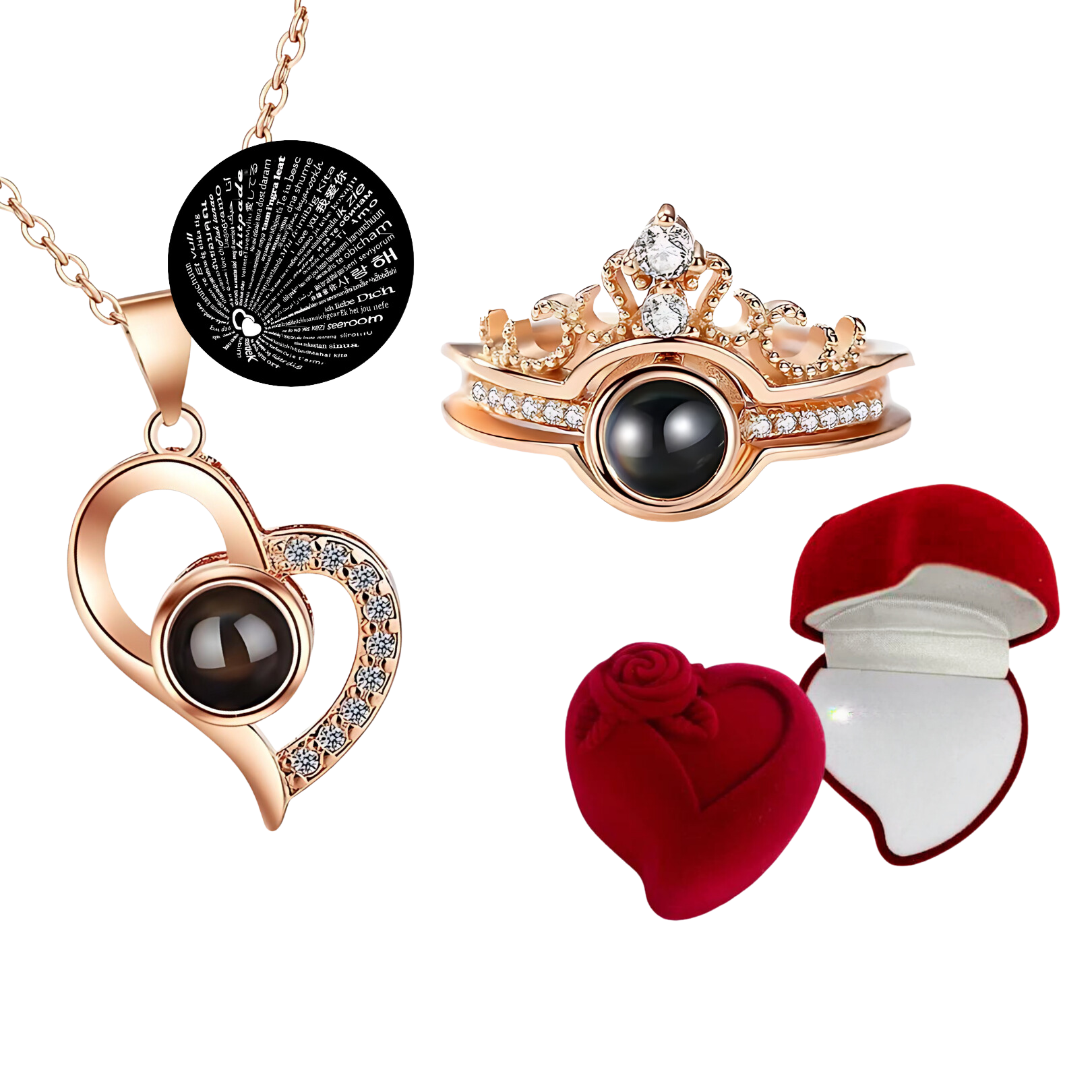 Combo Te Amo 100 Idiomas Collar y Anillo Caja de Lujo